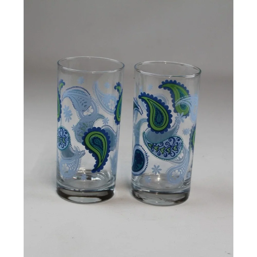 Vtg CRISA Libbey Blue Green Paisley 2 Drinking Glasses Tumblers 6
